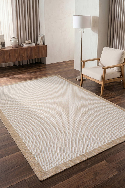 Border Modern Kitchen Rug – Ecru & Natural in a living room