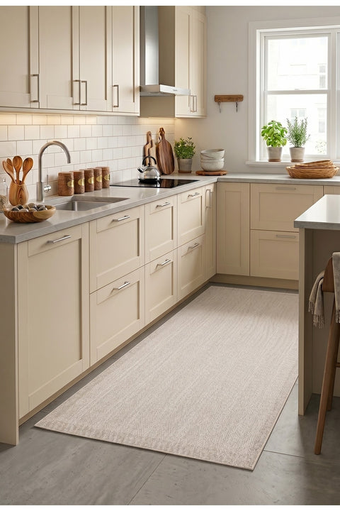 Bordered Modern Kitchen Rug – Beige in a kitchen