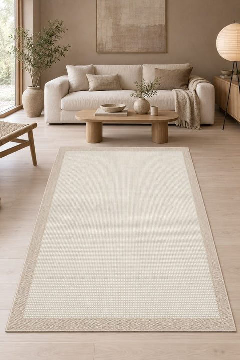 Bordered Modern Kitchen Rug – Beige & Cream in a living room