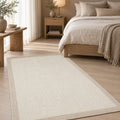 Bordered Modern Kitchen Rug – Beige & Cream in a bedroom