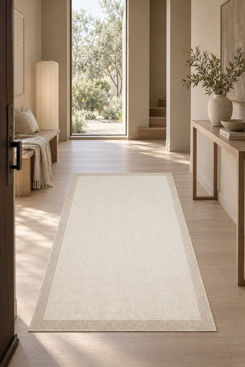 Bordered Modern Kitchen Rug – Beige & Cream in a hallway