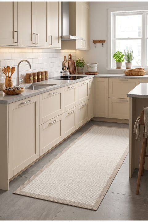 Bordered Modern Kitchen Rug – Beige & Cream in a kitchen