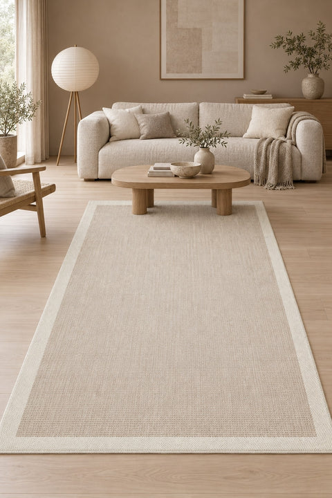Bordered Modern Kitchen Rug – Cream & Beige in a living room