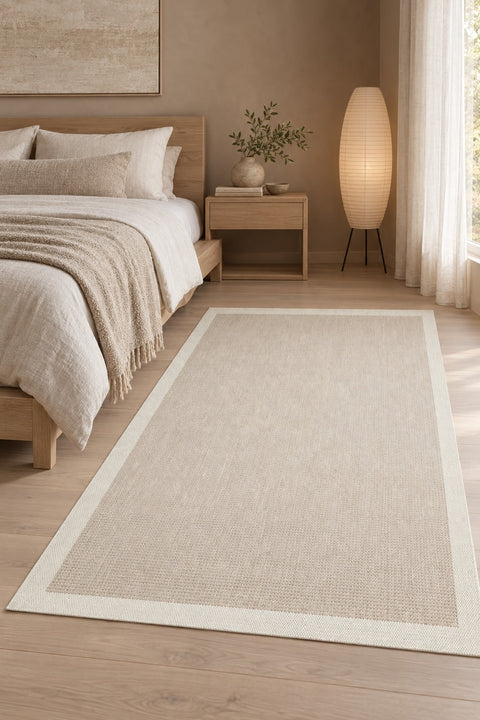 Bordered Modern Kitchen Rug – Cream & Beige in a bedroom