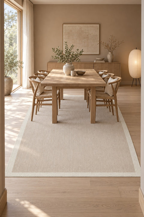 Bordered Modern Kitchen Rug – Cream & Beige in a dining room