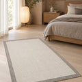 Bordered Modern Kitchen Rug – Cream & Gray in a bedroom