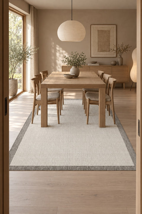 Bordered Modern Kitchen Rug – Cream & Gray in a dining room