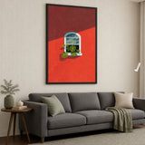Botanical Architecture Modern Wall Art – Monstera Window on Red Wall