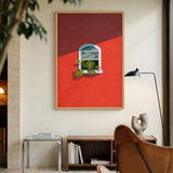 Botanical Architecture Modern Wall Art – Monstera Window on Red Wall