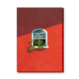 Botanical Architecture Modern Wall Art – Monstera Window on Red Wall