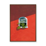 Botanical Architecture Modern Wall Art – Monstera Window on Red Wall