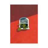 Botanical Architecture Modern Wall Art – Monstera Window on Red Wall