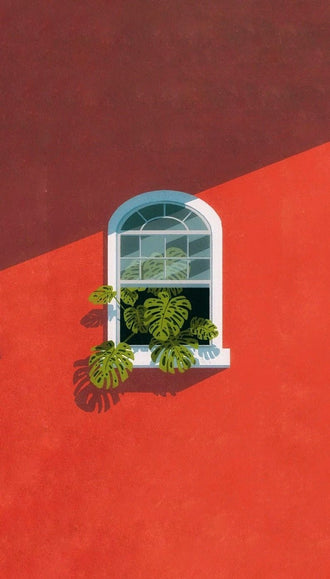 Botanical Architecture Modern Wall Art – Monstera Window on Red Wall