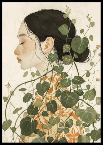 Botanical Portrait Modern Boho Wall Art – Woman with Green Vines