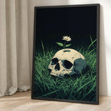 Botanical Skull Surreal Wall Art – Cream Skull with Daisy in Grass