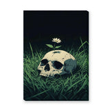 Botanical Skull Surreal Wall Art – Cream Skull with Daisy in Grass