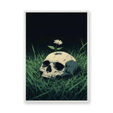 Botanical Skull Surreal Wall Art – Cream Skull with Daisy in Grass