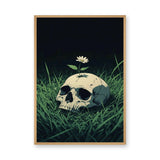 Botanical Skull Surreal Wall Art – Cream Skull with Daisy in Grass
