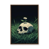 Botanical Skull Surreal Wall Art – Cream Skull with Daisy in Grass