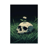 Botanical Skull Surreal Wall Art – Cream Skull with Daisy in Grass