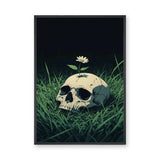 Botanical Skull Surreal Wall Art – Cream Skull with Daisy in Grass