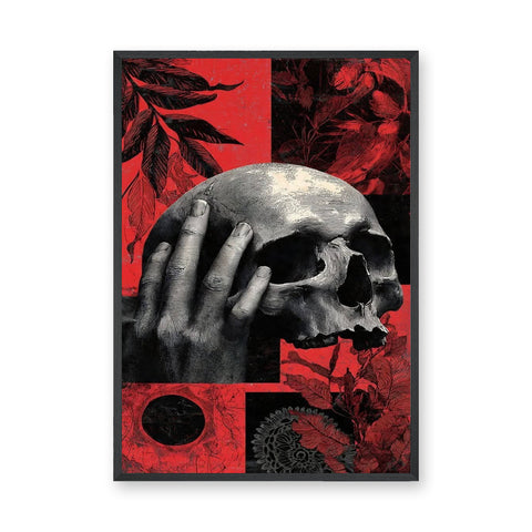 Botanical Skull Vintage Wall Art – Red Engraved Hand Collage