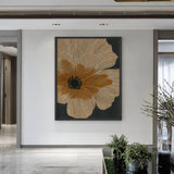 Botanical Vintage Line-Art Wall Art – Large Beige Flower on Dark Background