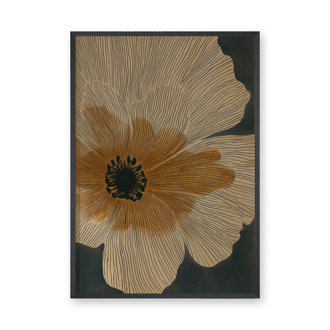 Botanical Vintage Line-Art Wall Art – Large Beige Flower on Dark Background