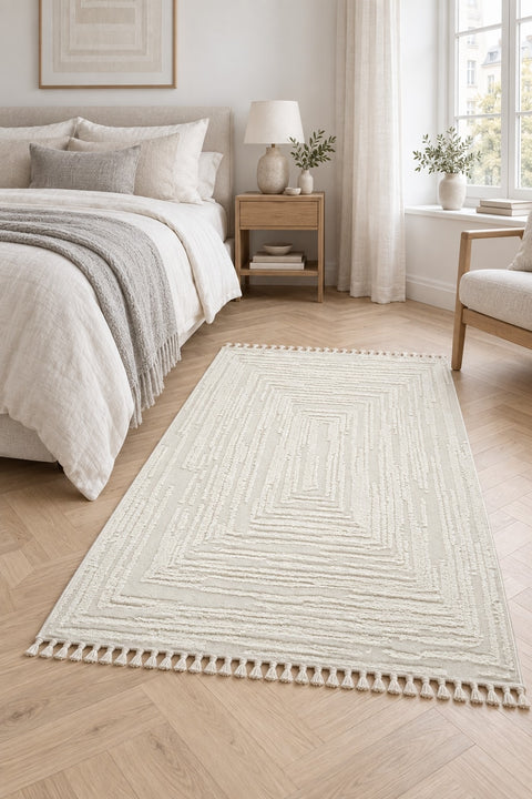 Boucle Modern Area Rug – Beige 11 in a bedroom