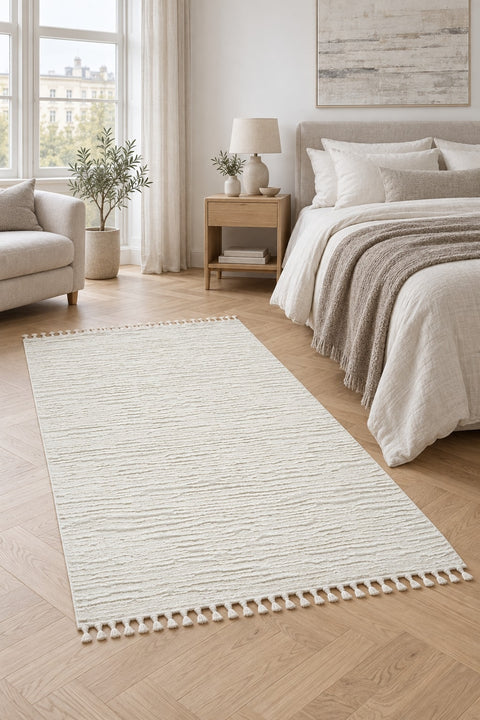 Boucle Modern Area Rug – Cream in a bedroom