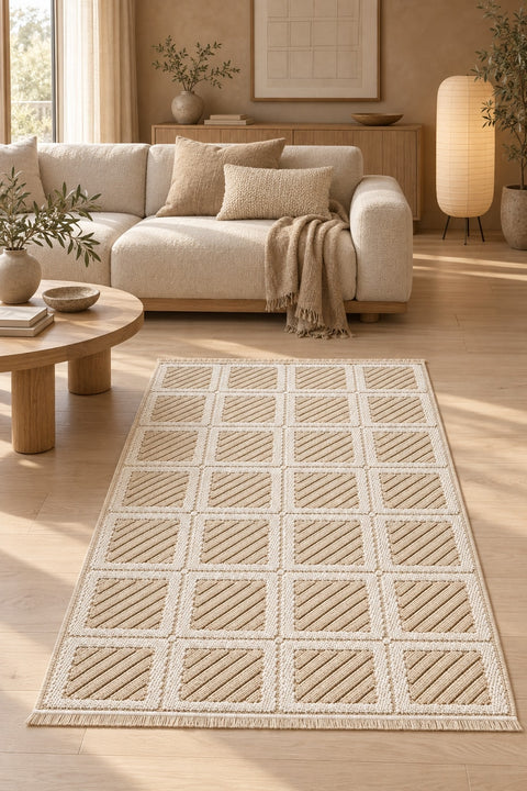 Boucle Scandinavian Area Rug – Cream & Beige in a living room