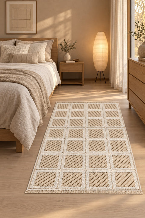 Boucle Scandinavian Area Rug – Cream & Beige in a bedroom