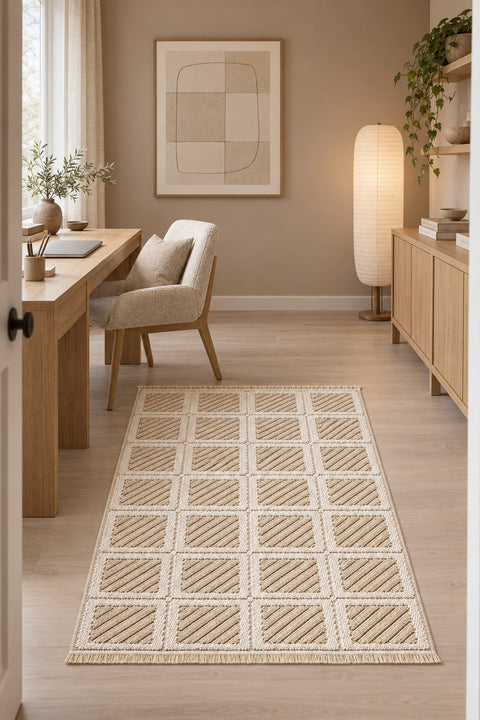 Boucle Scandinavian Area Rug – Cream & Beige in a office