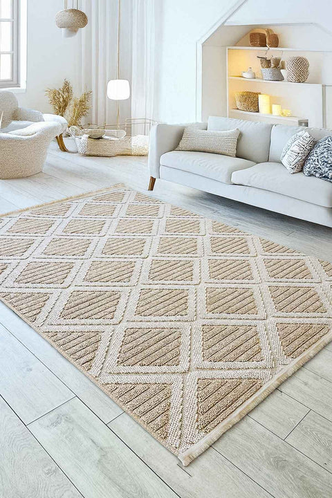 Boucle Scandinavian Area Rug – Cream & Beige in a living room