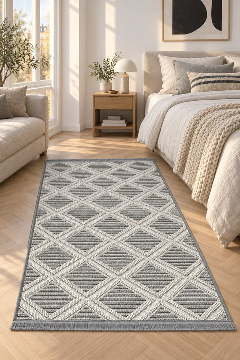 Boucle Scandinavian Area Rug – Gray in a bedroom