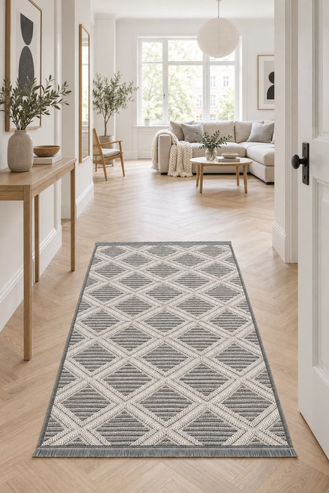 Boucle Scandinavian Area Rug – Gray in a hallway