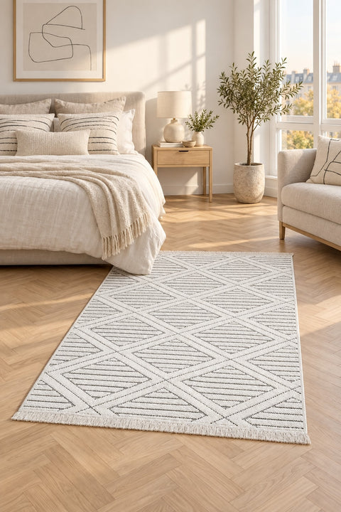 Boucle Scandinavian Area Rug – Off White in a bedroom