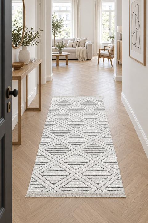 Boucle Scandinavian Area Rug – Off White in a hallway