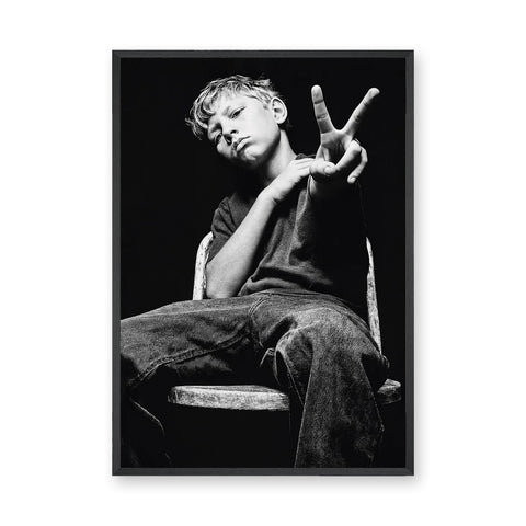Boy Portrait Photography Modern Minimalist Wall Art – Black and White Peace Sign Photo