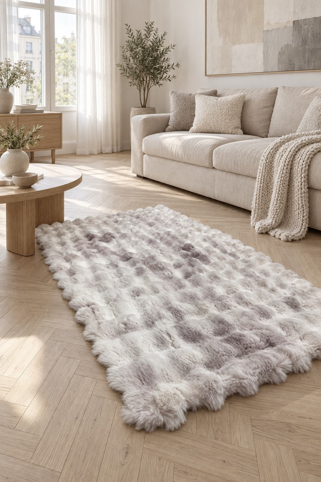 Bubble Checkered Boho Area Rug – Pink & Cream in a living room