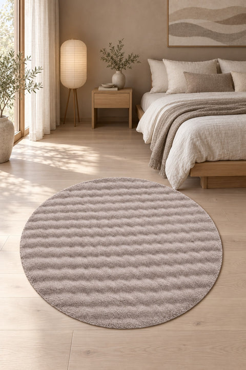 Bubble Modern Plush Area Rug – Taupe in a bedroom