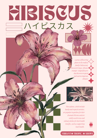 HIBISCUS ハイビスカス Retro Hibiscus Flower Illustration Wall Print
