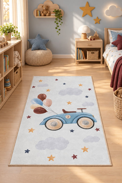 Car and Balloon Kids Area Rug in a nursery