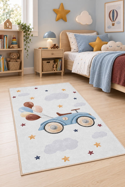 Car and Balloon Kids Area Rug in a bedroom