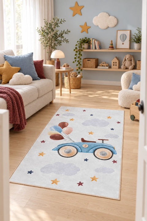 Car and Balloon Kids Area Rug in a living room
