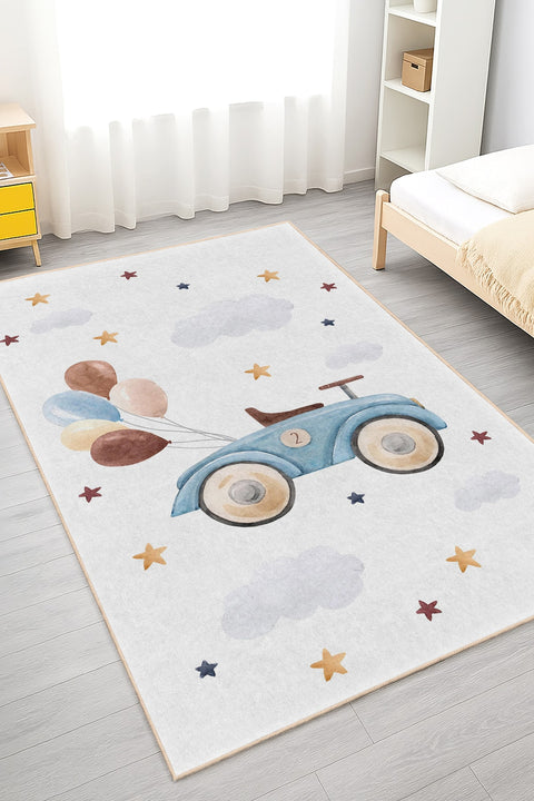 Car and Balloon Kids Area Rug in a bedroom