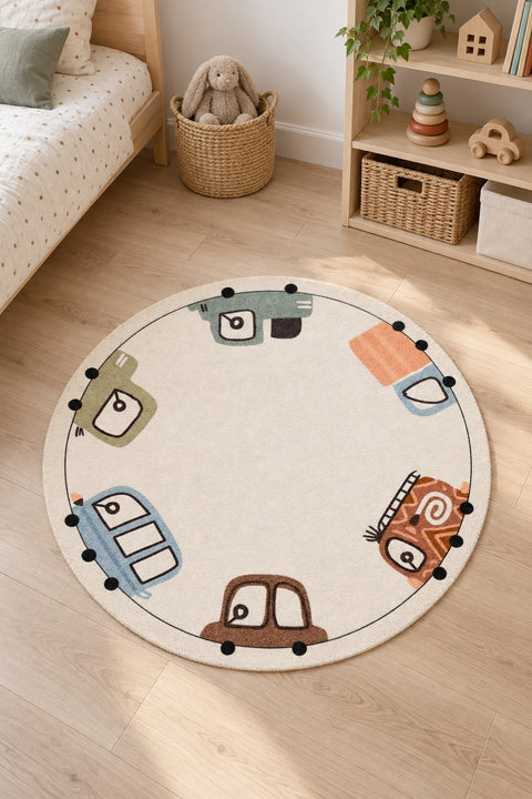 Car Kids Round Play Rug in a nursery