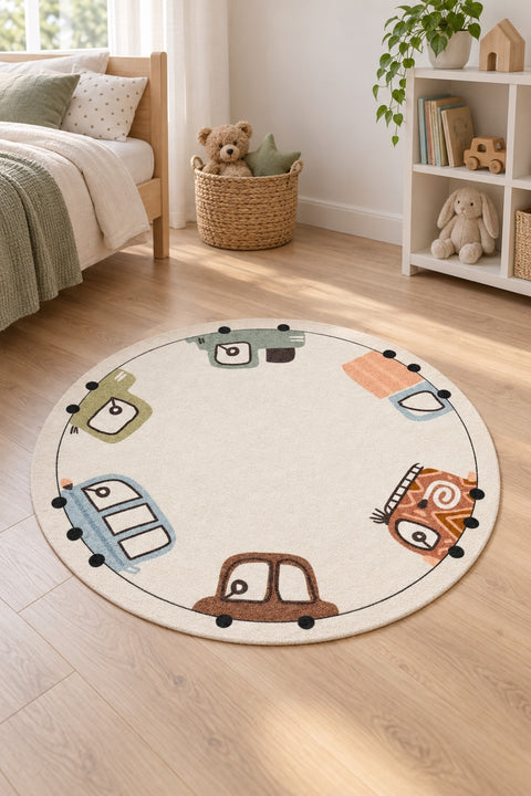 Car Kids Round Play Rug in a nursery