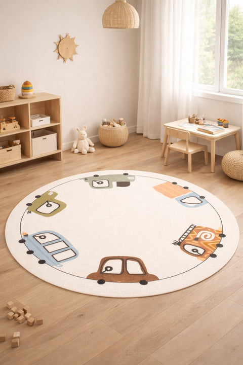 Car Kids Round Play Rug in a nursery