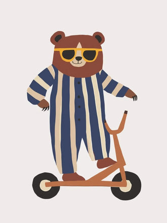 Cartoon Bear Scooter Kids Wall Art – Playful Animal Ride Print